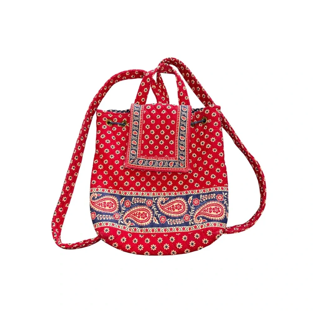 Vera Bradley Vintage Quilted Cotton Backpack Red Bandana Paisley Drawstring